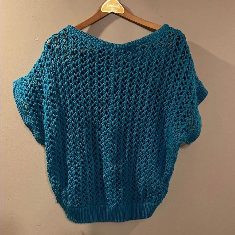 Free People Oversized Teal Crocheted Crew Neck Sweater